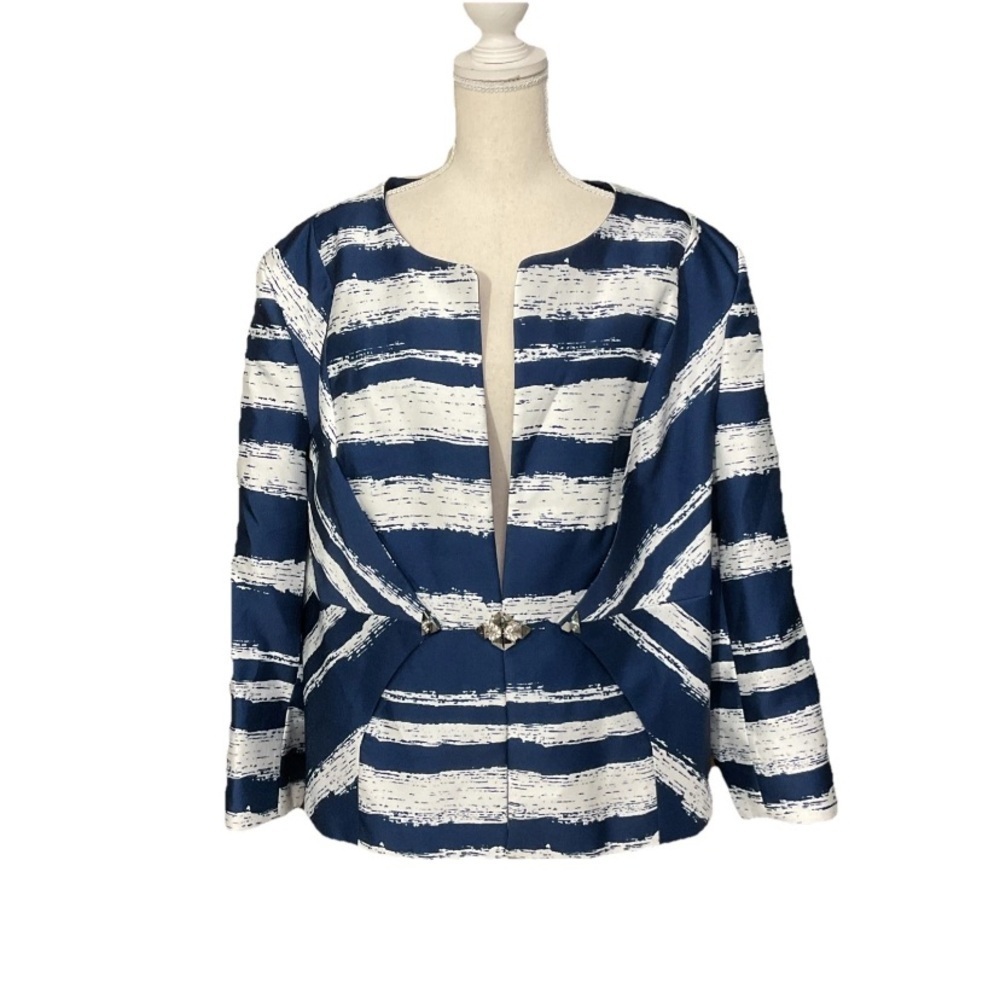 Giovanna Collection Blue White Striped Suit Dressy Jacket Rhinestone Clasp 22W